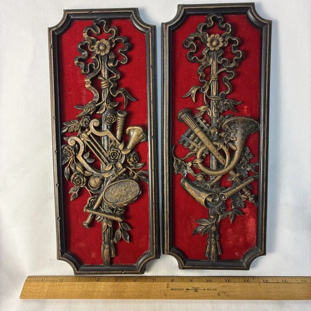 1960s Homco Pair of MUSIC SYROCO & Velvet Felt WALL ART PLAQUES